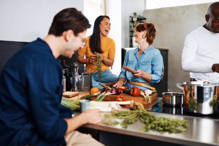 a family preparing food together